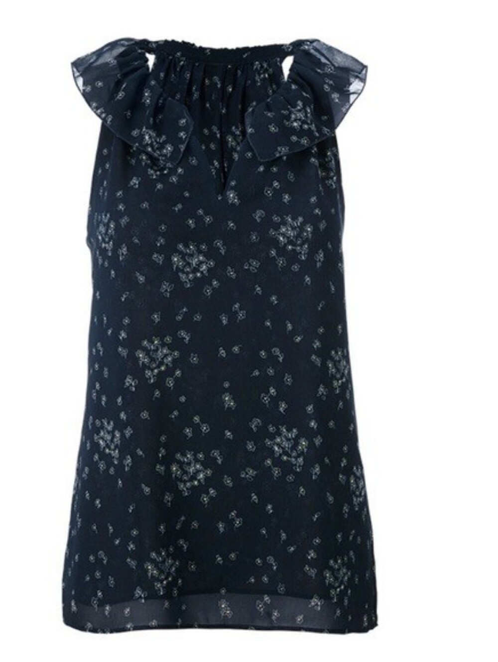 Cabi Ever Navy Floral Chiffon Sleeveless Collared Top